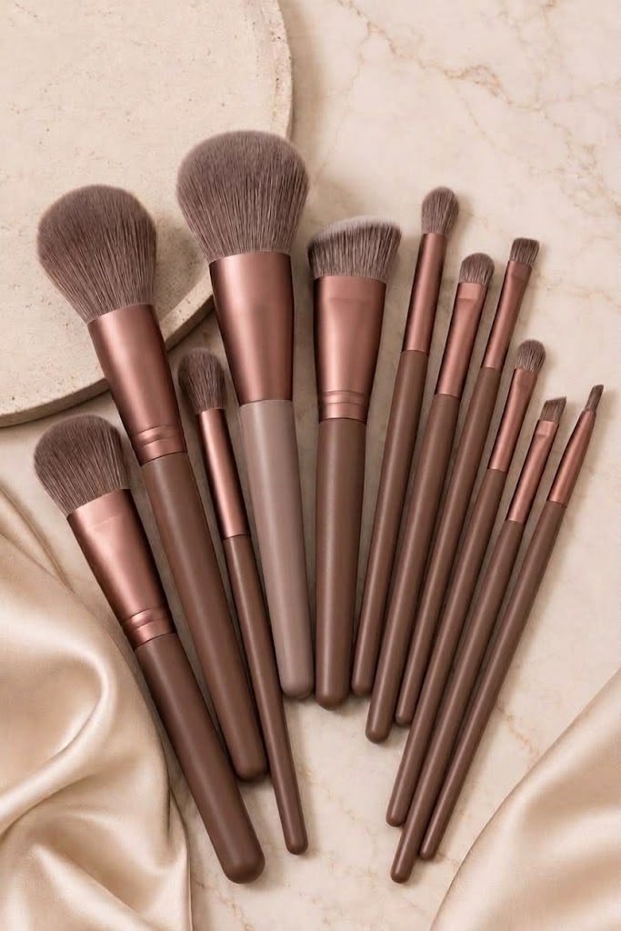 15pc brown makeup brush set & sponge kit soft fibers